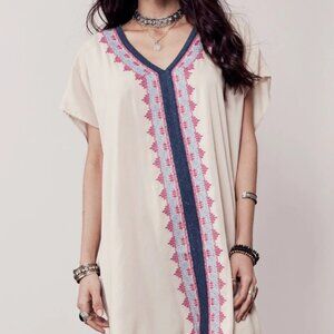 NWT Lovestitch Adriana Cream Caftan Tunic with Blue and Purple Embroidery
